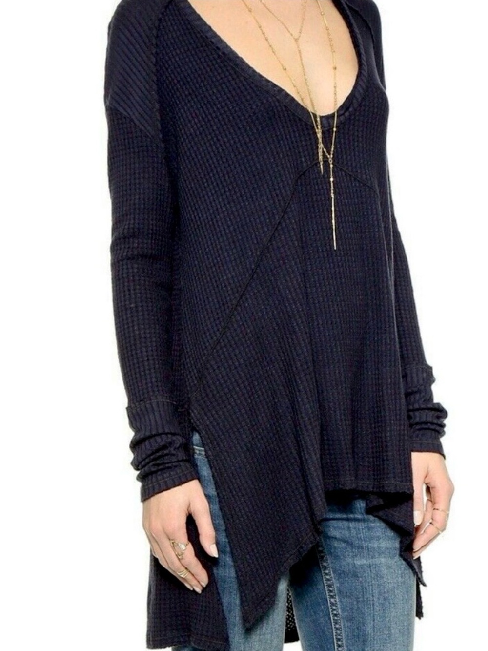 Free People Sunset Park Thermal Tunic Black Waffle Knit Raw Edge Boho Top Small